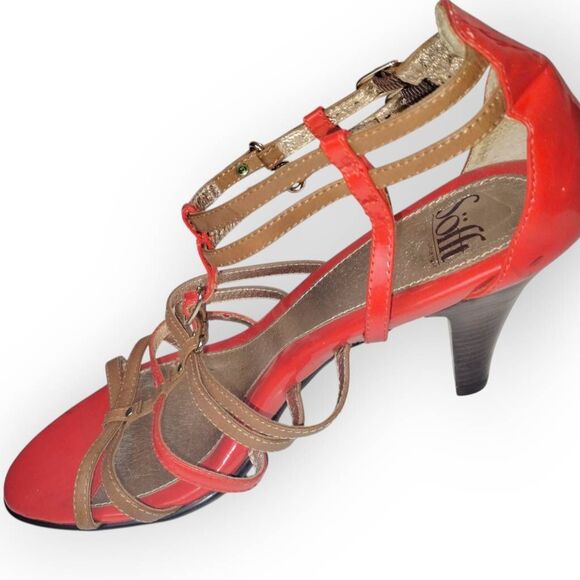 Sofft Womens Heels Sz 11 Red Tan Strappy Buckles‎ 3" High Patent Leather Comfort - Picture 2 of 13